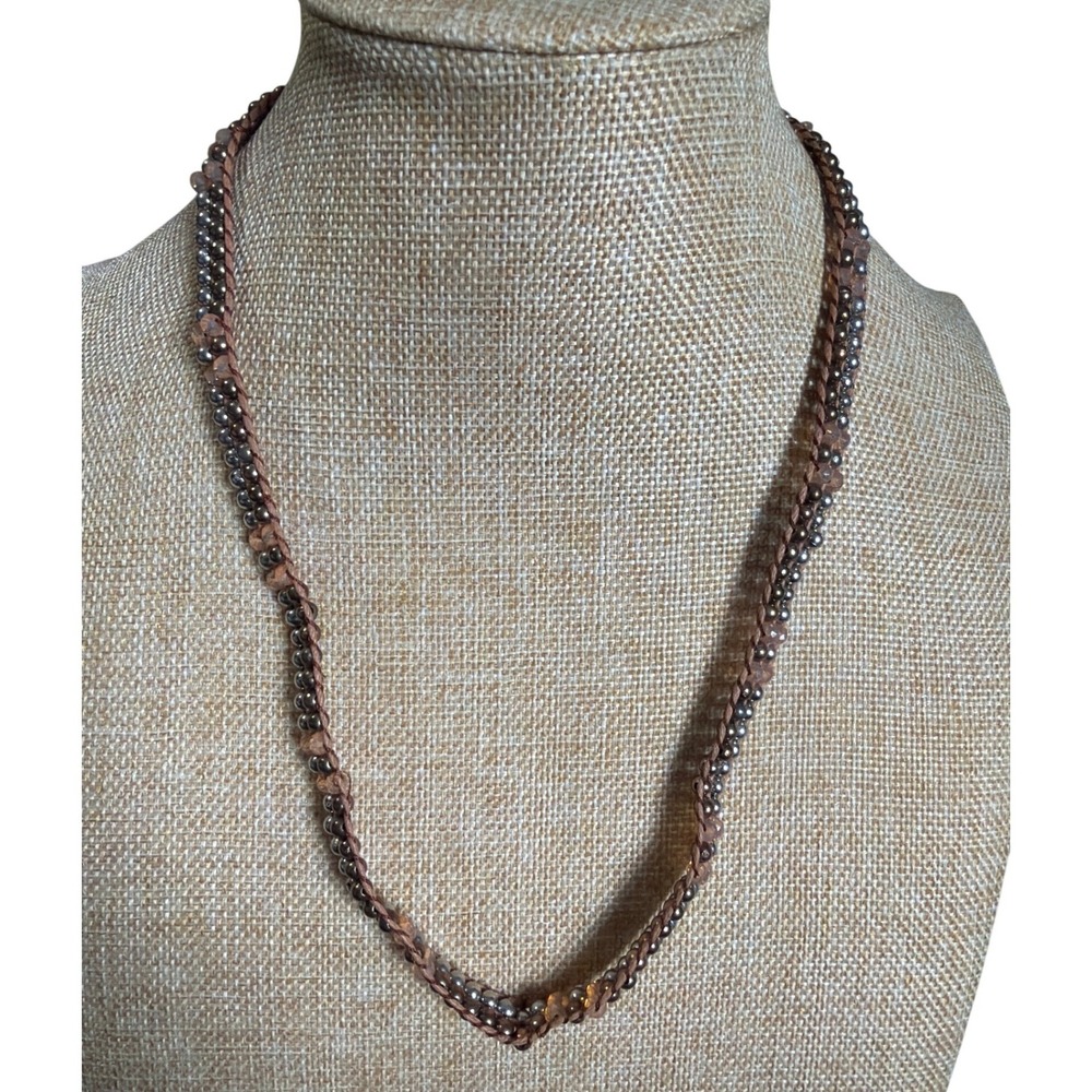 Boho‎ Mixed Metal Bead and Amber Crystal Brown Cord Wrap Necklace Festival